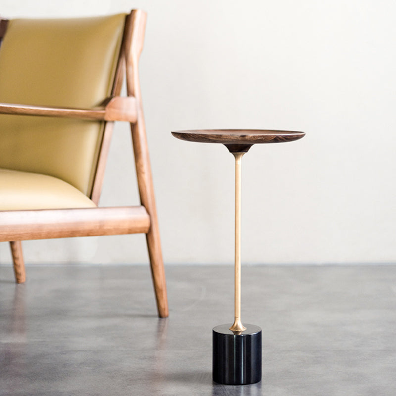 Round Walnut Wood With Solid Steel Base End Table - Vintage Compact Functionality 1-Tray Side Table For Living Room