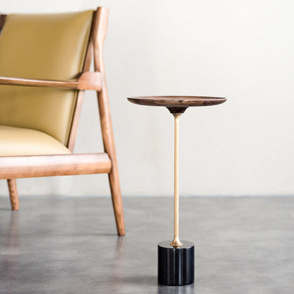 Round Walnut Wood With Solid Steel Base End Table - Vintage Compact Functionality 1-Tray Side Table For Living Room