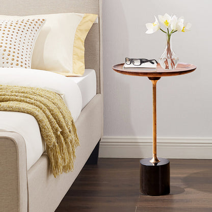 Round Walnut Wood With Solid Steel Base End Table - Vintage Compact Functionality 1-Tray Side Table For Living Room