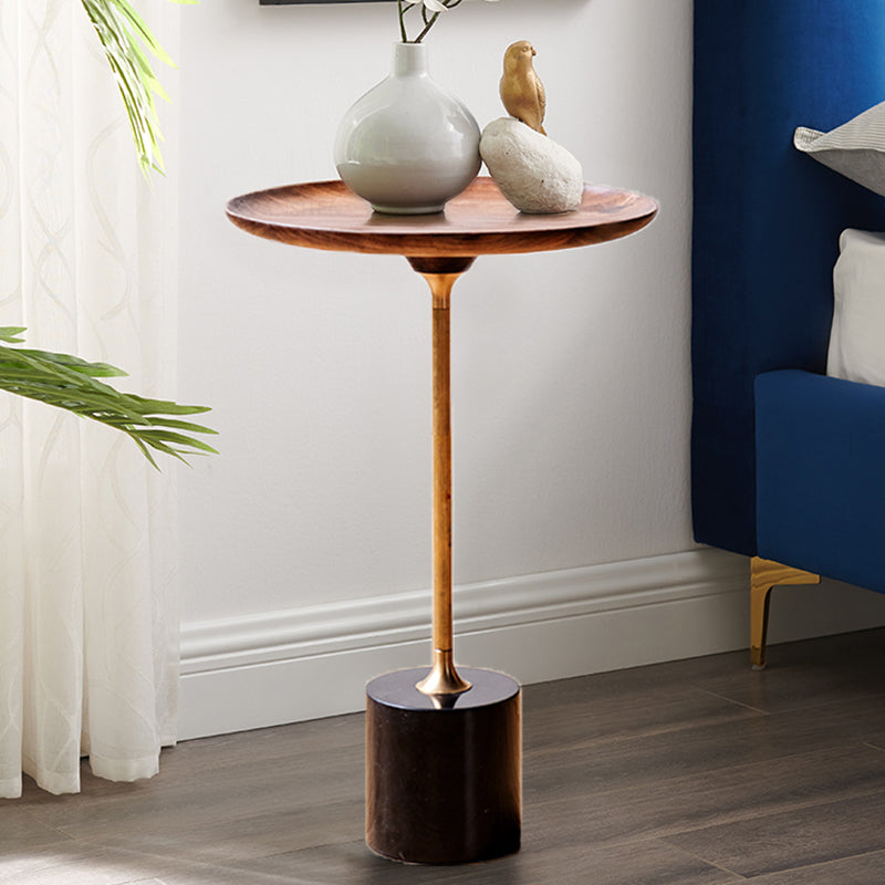 Round Walnut Wood With Solid Steel Base End Table - Vintage Compact Functionality 1-Tray Side Table For Living Room