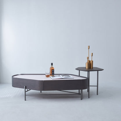 Geometric Natural Wood Travertine Carbon Steel Coffee Table - Nordic Stable Side Table For Living Room