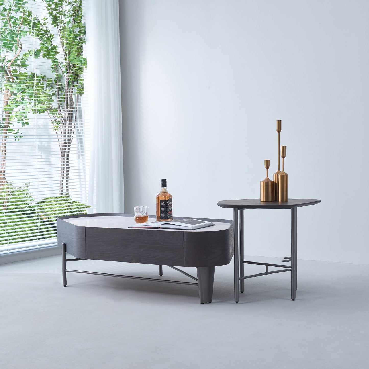 Geometric Natural Wood Travertine Carbon Steel Coffee Table - Nordic Stable Side Table For Living Room