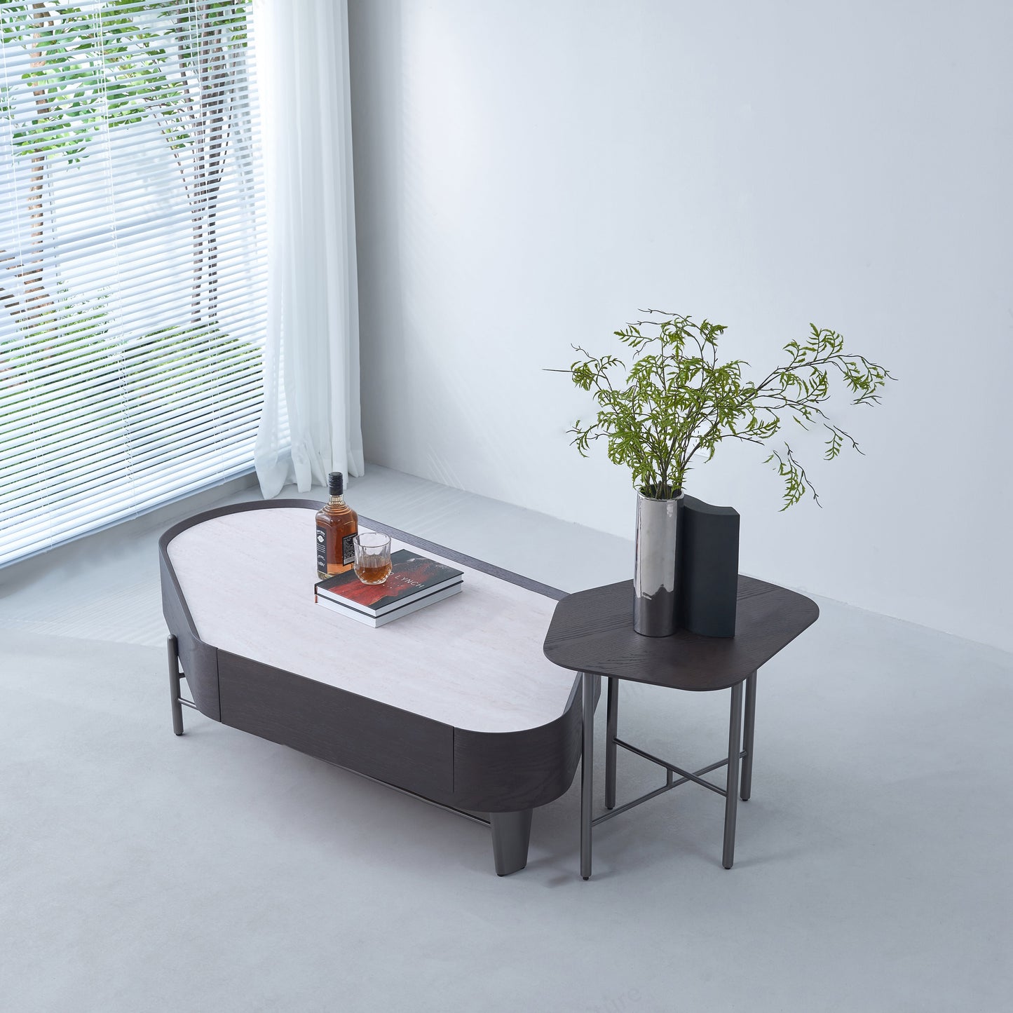 Geometric Natural Wood Travertine Carbon Steel Coffee Table - Nordic Stable Side Table For Living Room