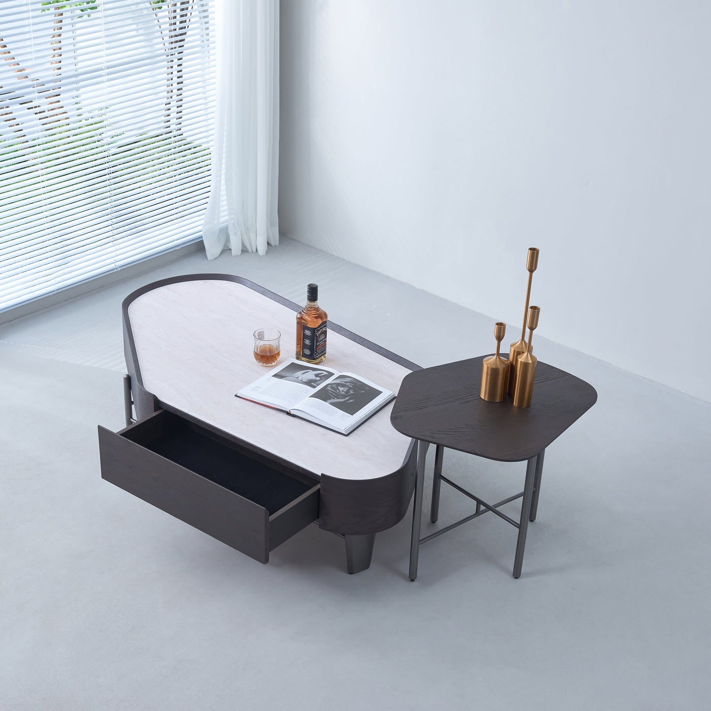 Geometric Natural Wood Travertine Carbon Steel Coffee Table - Nordic Stable Side Table For Living Room