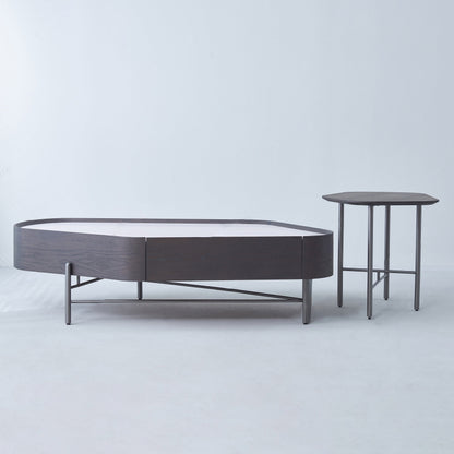 Geometric Natural Wood Travertine Carbon Steel Coffee Table - Nordic Stable Side Table For Living Room