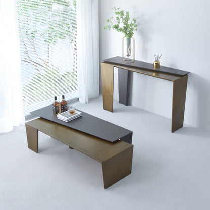 Rectangular Antique Brass Walnut Wood Coffee Table - Creative Sleek Silhouette End Table For Living Room