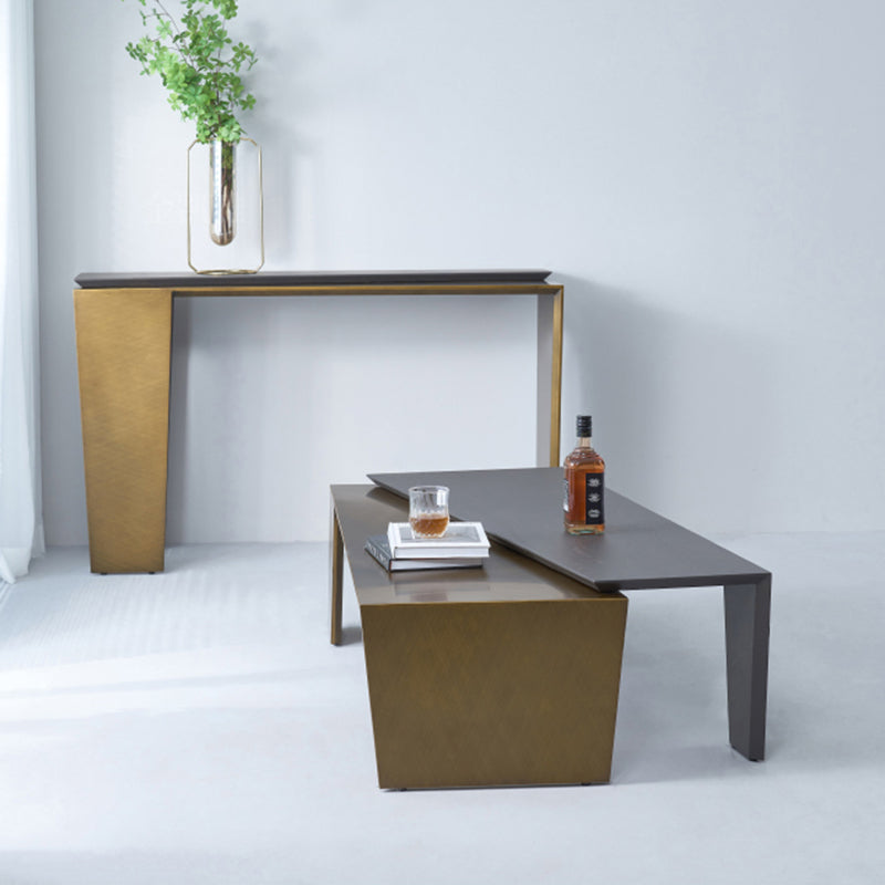 Rectangular Antique Brass Walnut Wood Coffee Table - Creative Sleek Silhouette End Table For Living Room