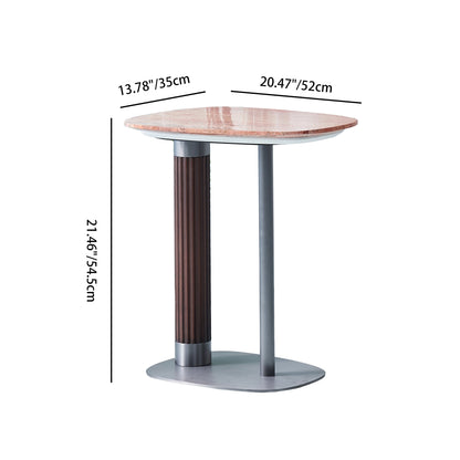 Irregular Rounded-Rectangle Natural Marble Solid Wood End Table - Scandinavian Dual-Pillar Legs Accent Table For Living Room