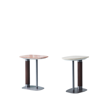 Irregular Rounded-Rectangle Natural Marble Solid Wood End Table - Scandinavian Dual-Pillar Legs Accent Table For Living Room