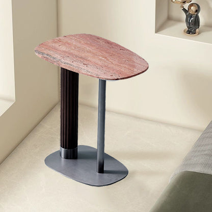 Irregular Rounded-Rectangle Natural Marble Solid Wood End Table - Scandinavian Dual-Pillar Legs Accent Table For Living Room