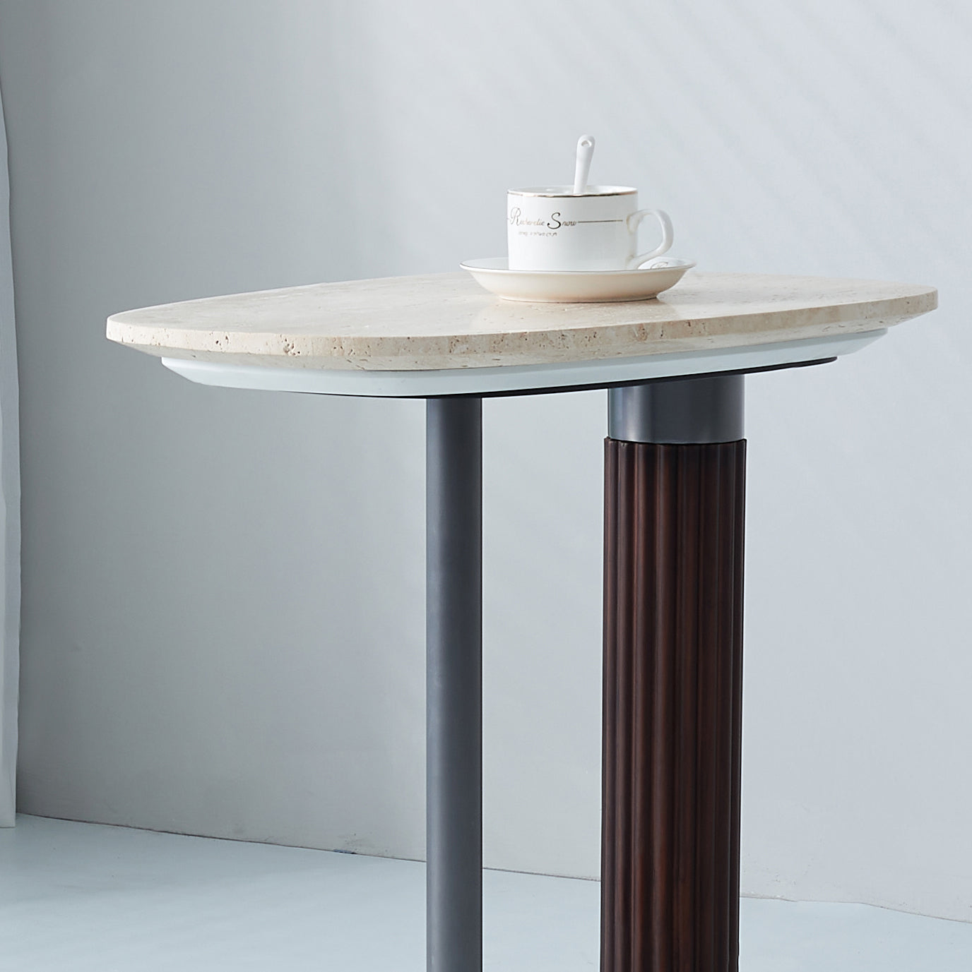 Irregular Rounded-Rectangle Natural Marble Solid Wood End Table - Scandinavian Dual-Pillar Legs Accent Table For Living Room