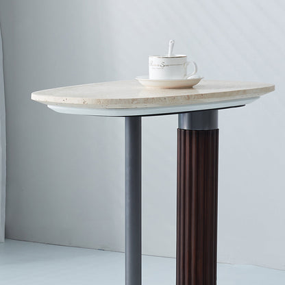 Irregular Rounded-Rectangle Natural Marble Solid Wood End Table - Scandinavian Dual-Pillar Legs Accent Table For Living Room