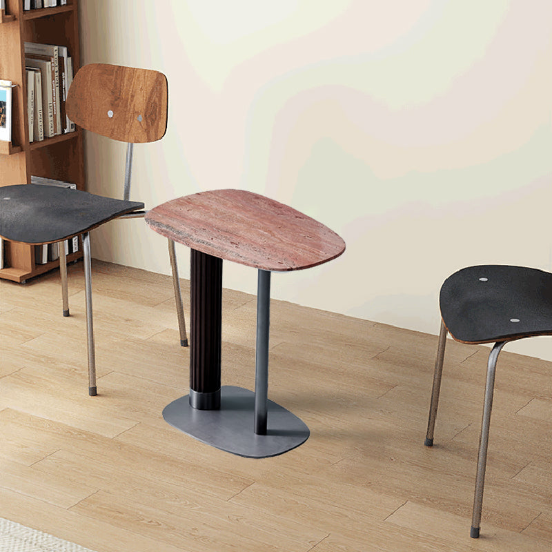 Irregular Rounded-Rectangle Natural Marble Solid Wood End Table - Scandinavian Dual-Pillar Legs Accent Table For Living Room