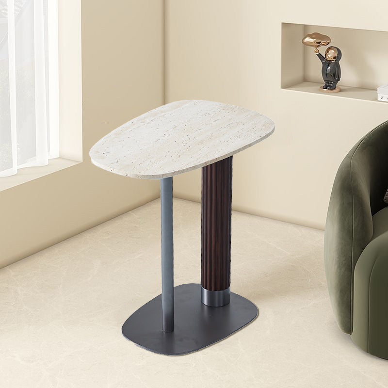Irregular Rounded-Rectangle Natural Marble Solid Wood End Table - Scandinavian Dual-Pillar Legs Accent Table For Living Room