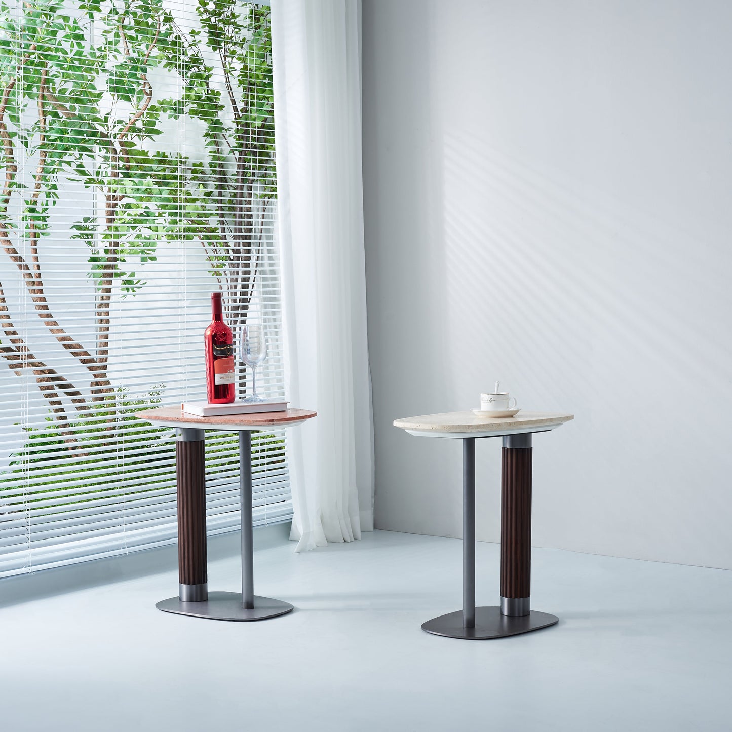 Irregular Rounded-Rectangle Natural Marble Solid Wood End Table - Scandinavian Dual-Pillar Legs Accent Table For Living Room