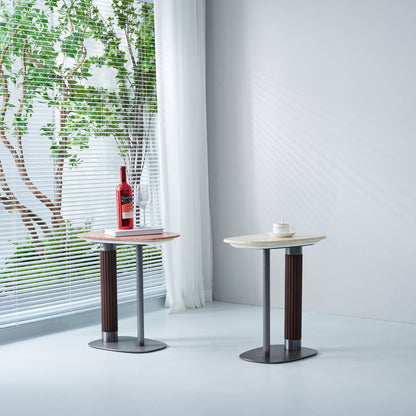 Irregular Rounded-Rectangle Natural Marble Solid Wood End Table - Scandinavian Dual-Pillar Legs Accent Table For Living Room