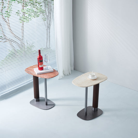 Irregular Rounded-Rectangle Natural Marble Solid Wood End Table - Scandinavian Dual-Pillar Legs Accent Table For Living Room