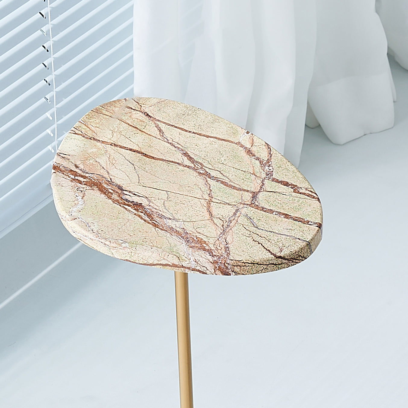 Asymmetrical Top Oval Marble End Table - Japanese Accent Table For Living Room