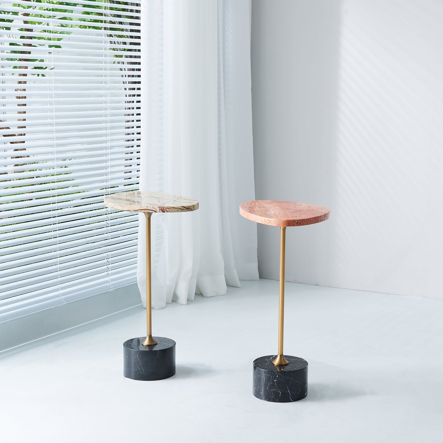 Asymmetrical Top Oval Marble End Table - Japanese Accent Table For Living Room