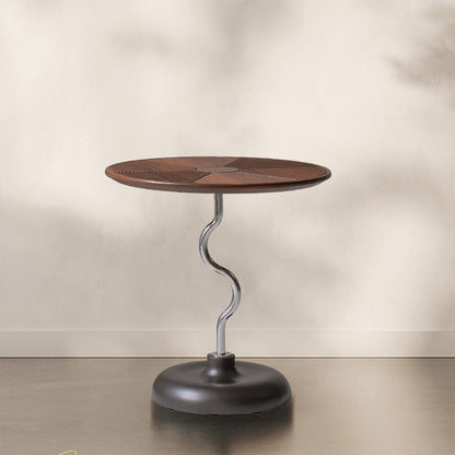 Artistic Round Curved Stem Wood Stainless Steel End Table - Vintage Classic Accent Table For Living Room