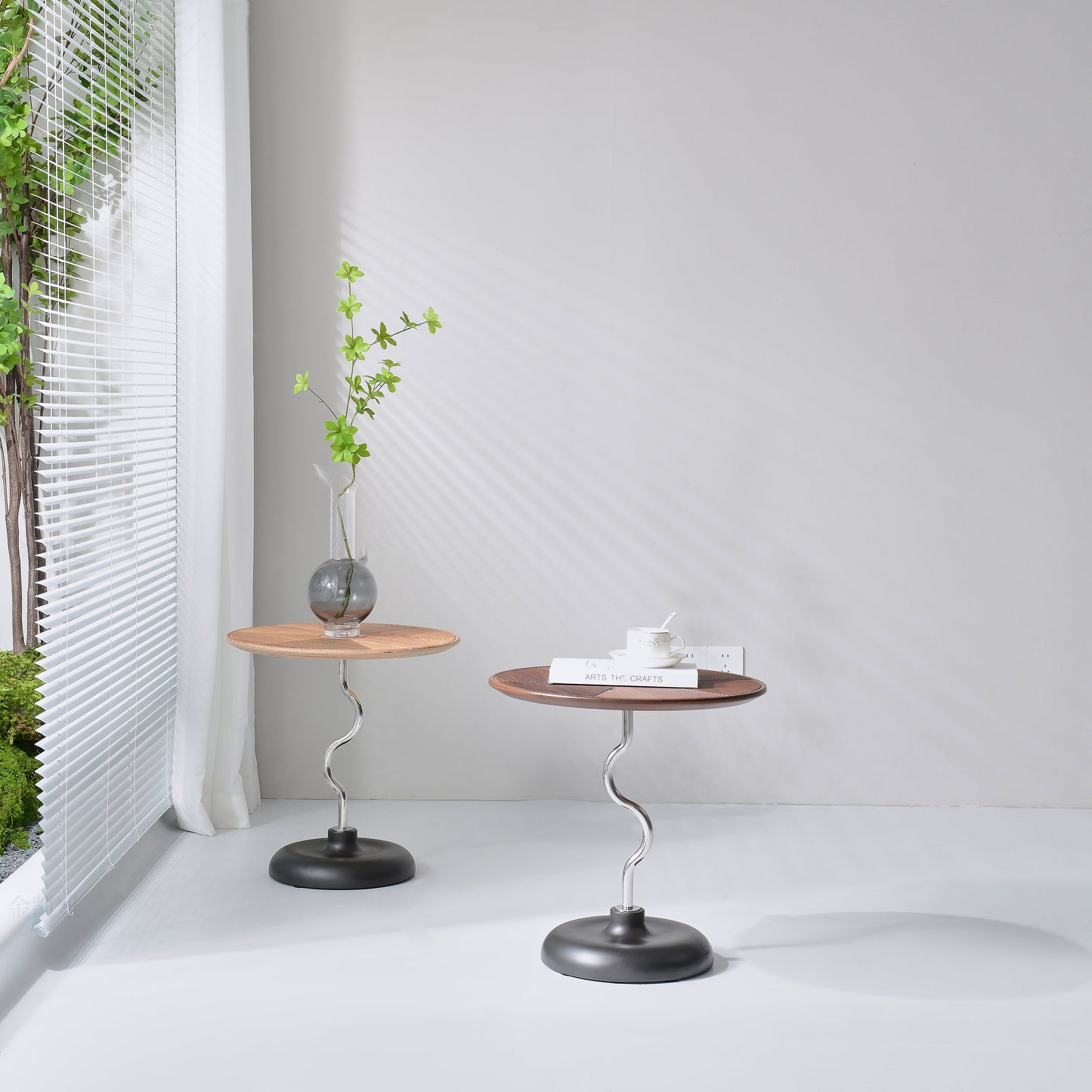 Artistic Round Curved Stem Wood Stainless Steel End Table - Vintage Classic Accent Table For Living Room