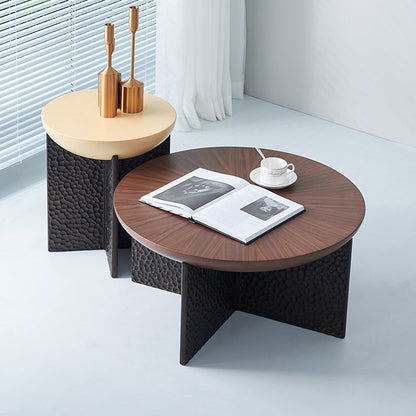 Geometric Cross Base Round Solid Wood Coffee Table - Scandinavian Radiating Grain Tea Table For Living Room