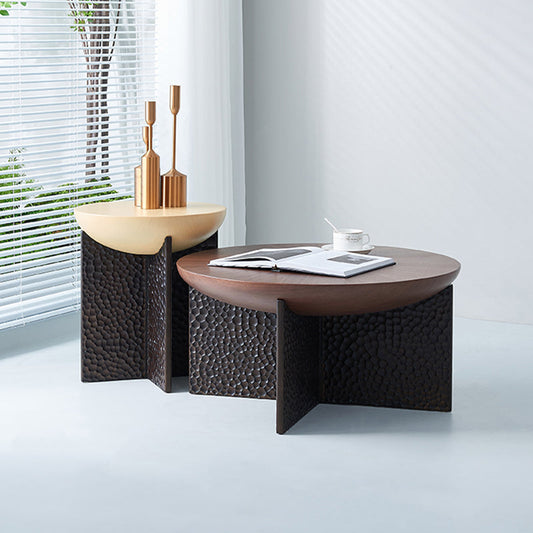 Geometric Cross Base Round Solid Wood Coffee Table - Scandinavian Radiating Grain Tea Table For Living Room