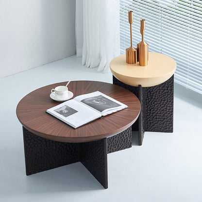Geometric Cross Base Round Solid Wood Coffee Table - Scandinavian Radiating Grain Tea Table For Living Room