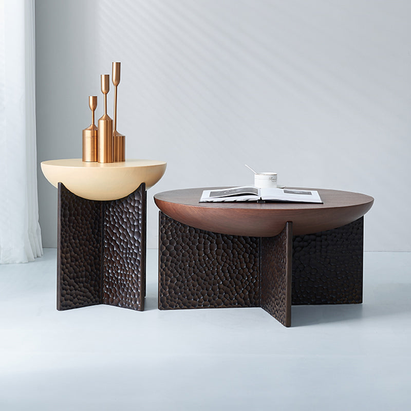 Geometric Cross Base Round Solid Wood Coffee Table - Scandinavian Radiating Grain Tea Table For Living Room