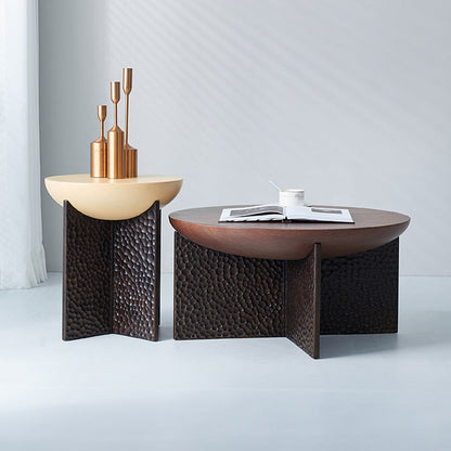 Geometric Cross Base Round Solid Wood Coffee Table - Scandinavian Radiating Grain Tea Table For Living Room