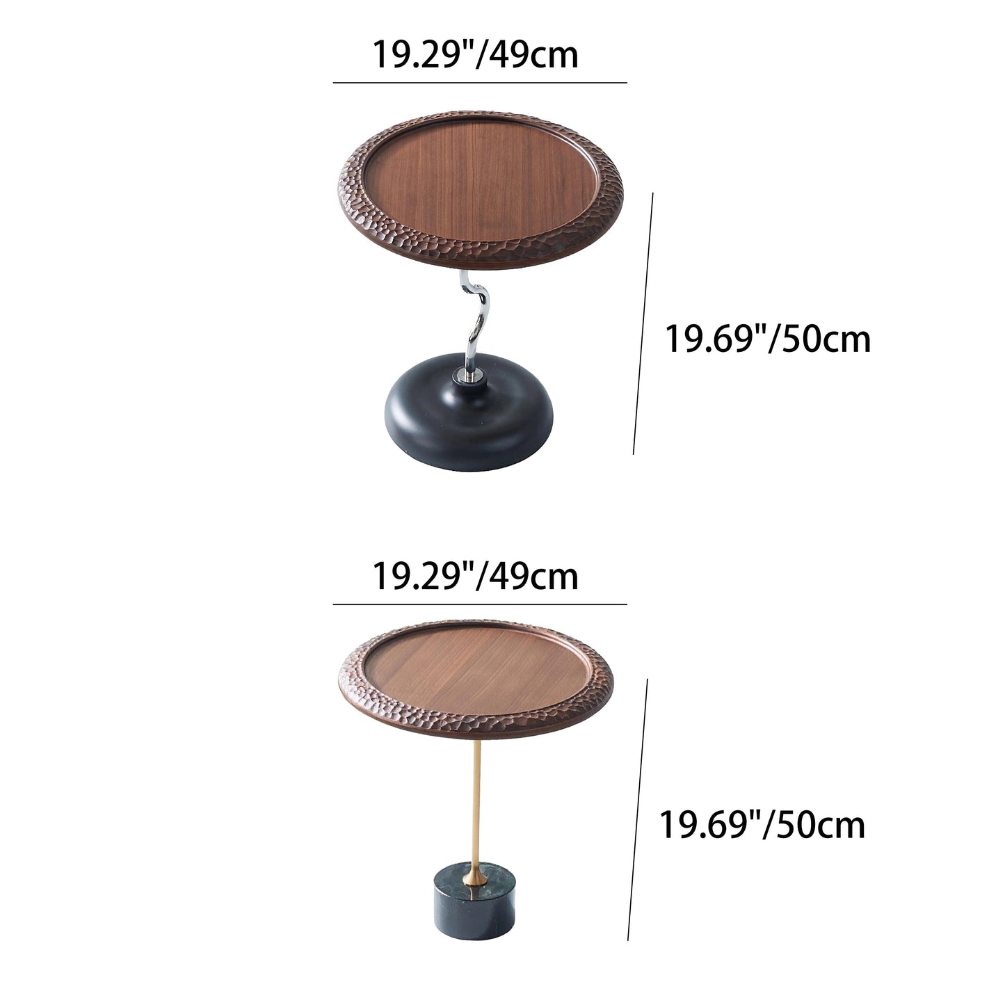 Hammered Edge Round Solid Wood Natural Marble End Table - Vintage Artistic Side Table For Living Room