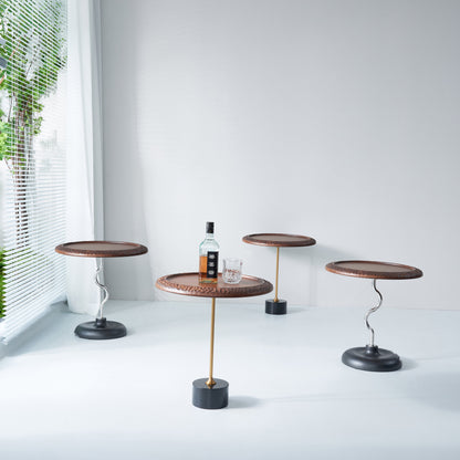 Hammered Edge Round Solid Wood Natural Marble End Table - Vintage Artistic Side Table For Living Room