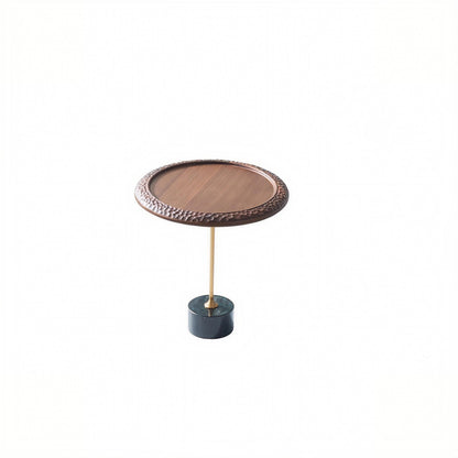 Hammered Edge Round Solid Wood Natural Marble End Table - Vintage Artistic Side Table For Living Room