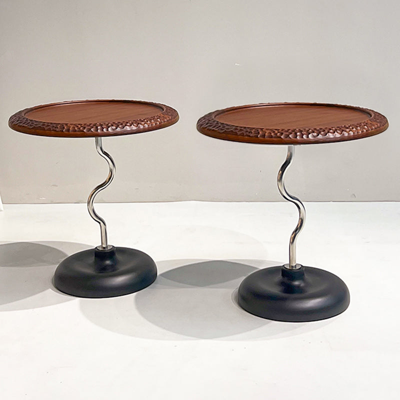 Hammered Edge Round Solid Wood Natural Marble End Table - Vintage Artistic Side Table For Living Room