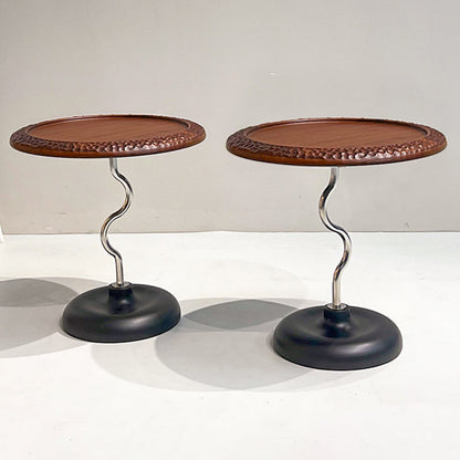 Hammered Edge Round Solid Wood Natural Marble End Table - Vintage Artistic Side Table For Living Room