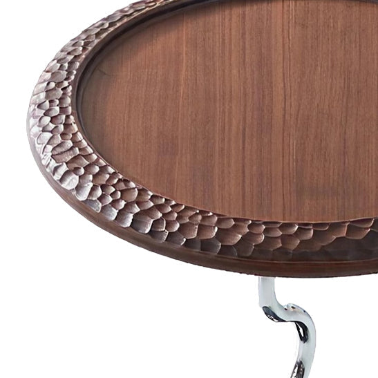 Hammered Edge Round Solid Wood Natural Marble End Table - Vintage Artistic Side Table For Living Room