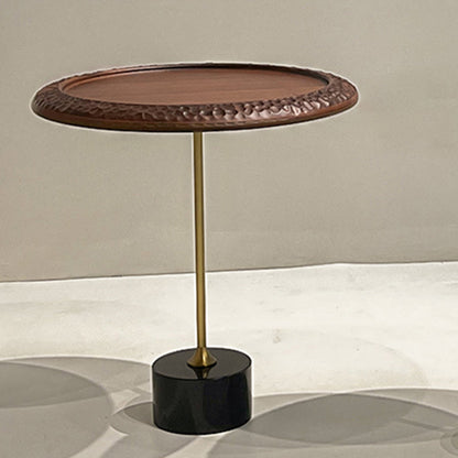 Hammered Edge Round Solid Wood Natural Marble End Table - Vintage Artistic Side Table For Living Room