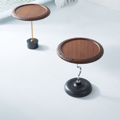 Hammered Edge Round Solid Wood Natural Marble End Table - Vintage Artistic Side Table For Living Room