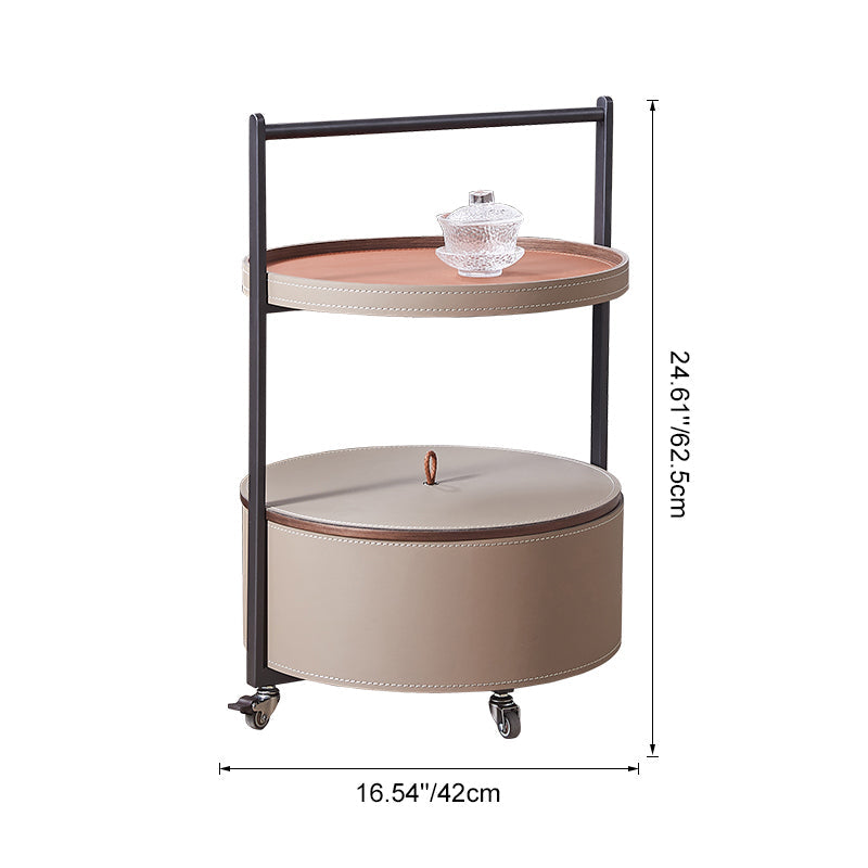 Smooth Casters Round Saddle Leather End Table - Creative 1-Tier Accent Trolley For Living Room