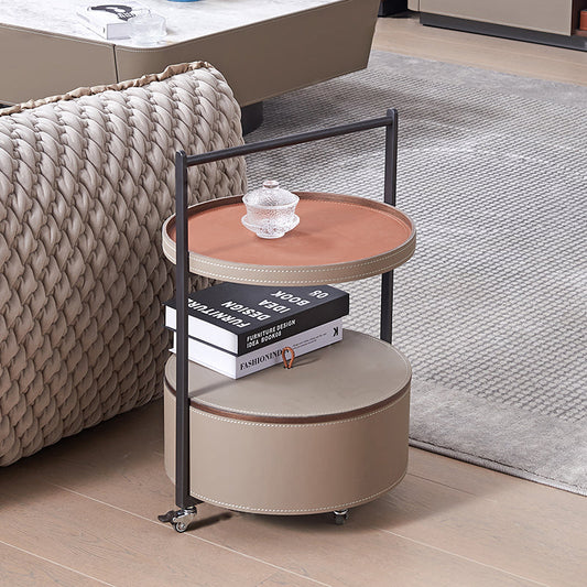 Smooth Casters Round Saddle Leather End Table - Creative 1-Tier Accent Trolley For Living Room