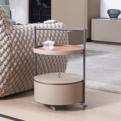 Smooth Casters Round Saddle Leather End Table - Creative 1-Tier Accent Trolley For Living Room