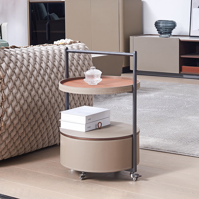 Smooth Casters Round Saddle Leather End Table - Creative 1-Tier Accent Trolley For Living Room