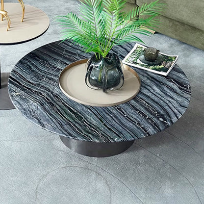Premium Low Round Marble Saddle Leather Coffee Table - Nordic Accent Side Table For Living Room