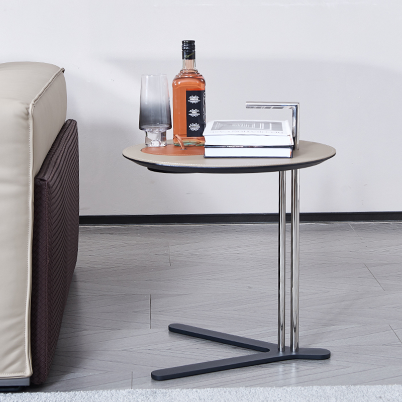 Round T-Base Saddle Leather End Table - Luxury Space-Saving C Side Table For Living Room
