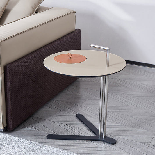 Round T-Base Saddle Leather End Table - Luxury Space-Saving C Side Table For Living Room
