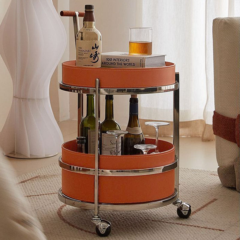 Rolling Round Elegant Saddle Leather Solid Wood End Table - Creative Multifunction Tea Trolley For Living Room