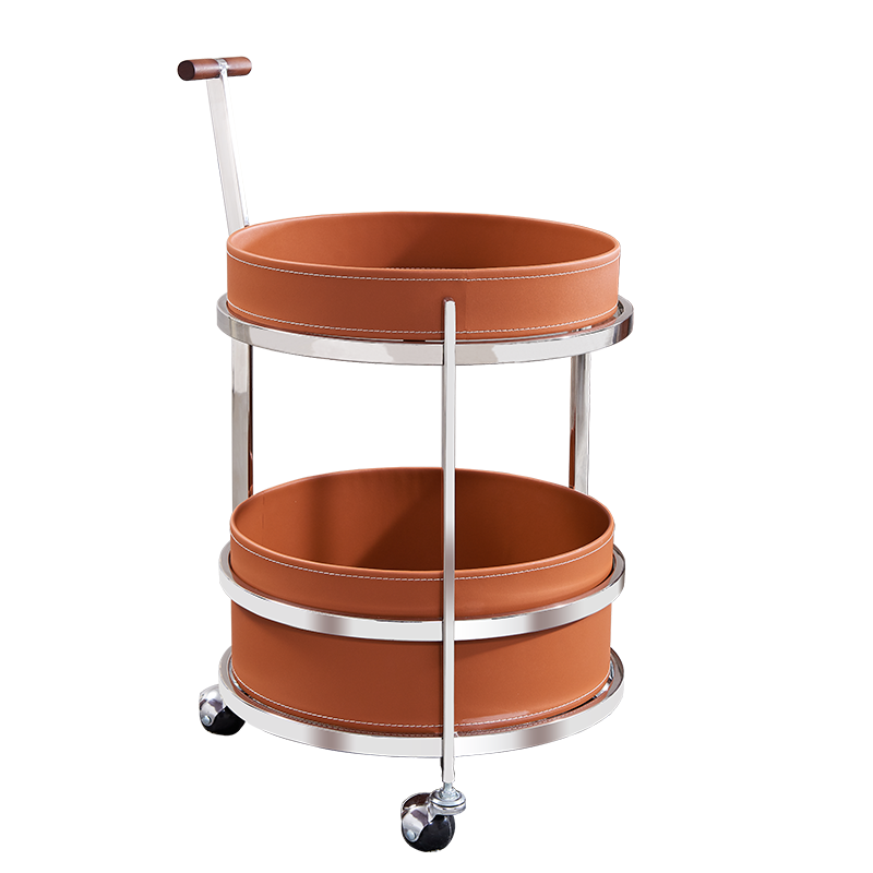 Rolling Round Elegant Saddle Leather Solid Wood End Table - Creative Multifunction Tea Trolley For Living Room