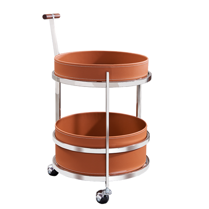 Rolling Round Elegant Saddle Leather Solid Wood End Table - Creative Multifunction Tea Trolley For Living Room