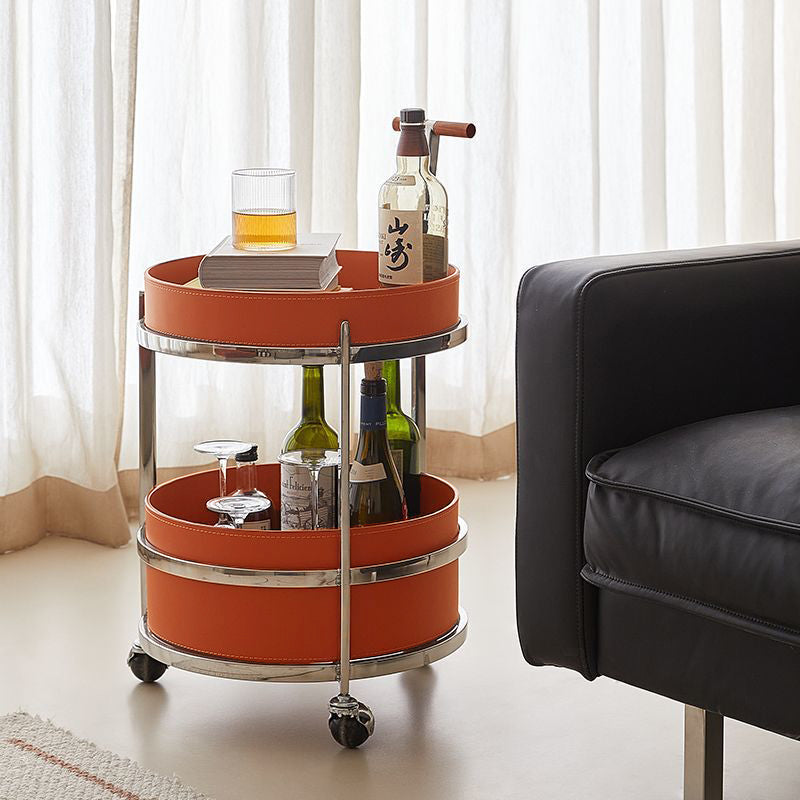 Rolling Round Elegant Saddle Leather Solid Wood End Table - Creative Multifunction Tea Trolley For Living Room