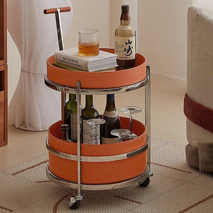 Rolling Round Elegant Saddle Leather Solid Wood End Table - Creative Multifunction Tea Trolley For Living Room
